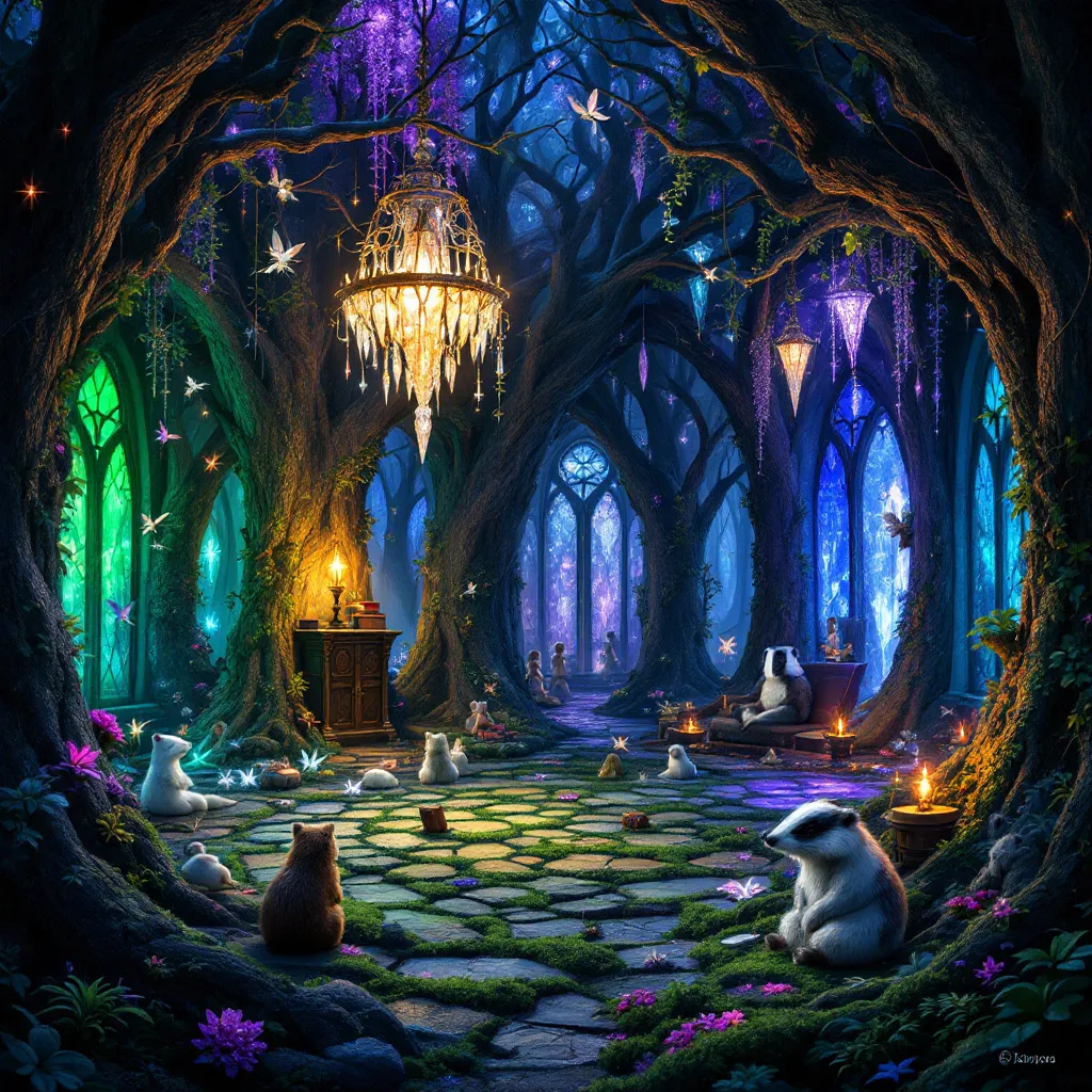 !flux An enchanted druid grove filled with whimsical creatures, where each room has a unique person…