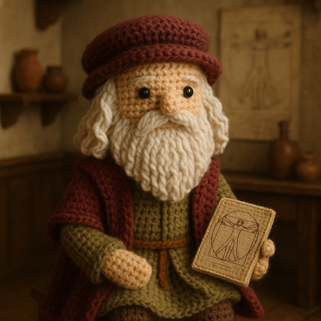 !gpt4o A crochet doll-style of Leonardo da Vinci, made with soft yarn textures and intricate handcr…