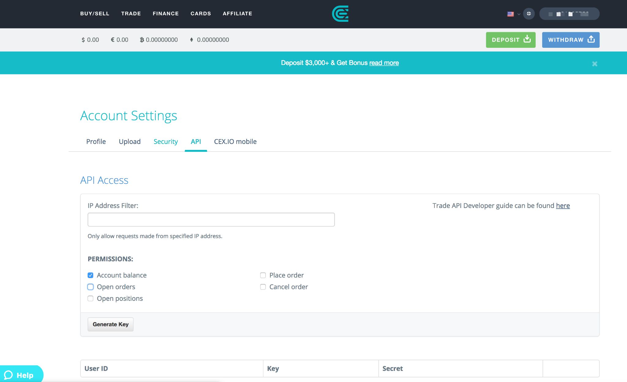 While on Account Settings page, select API tab. Create and configure your key via the "Generate Key…