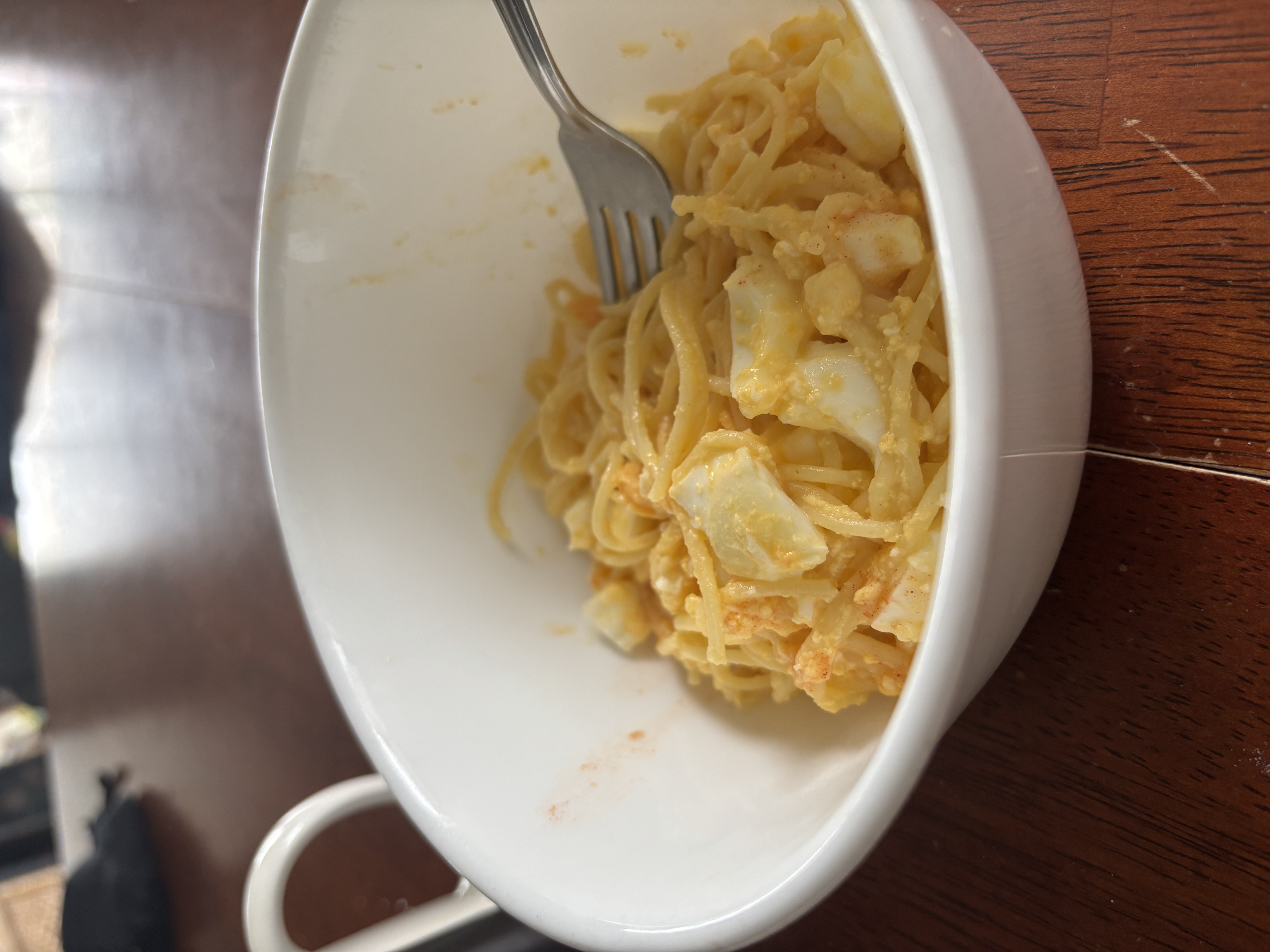 It’s the little things.    Leftover pasta, two boiled eggs… one soft and one firm jammy with a coup…