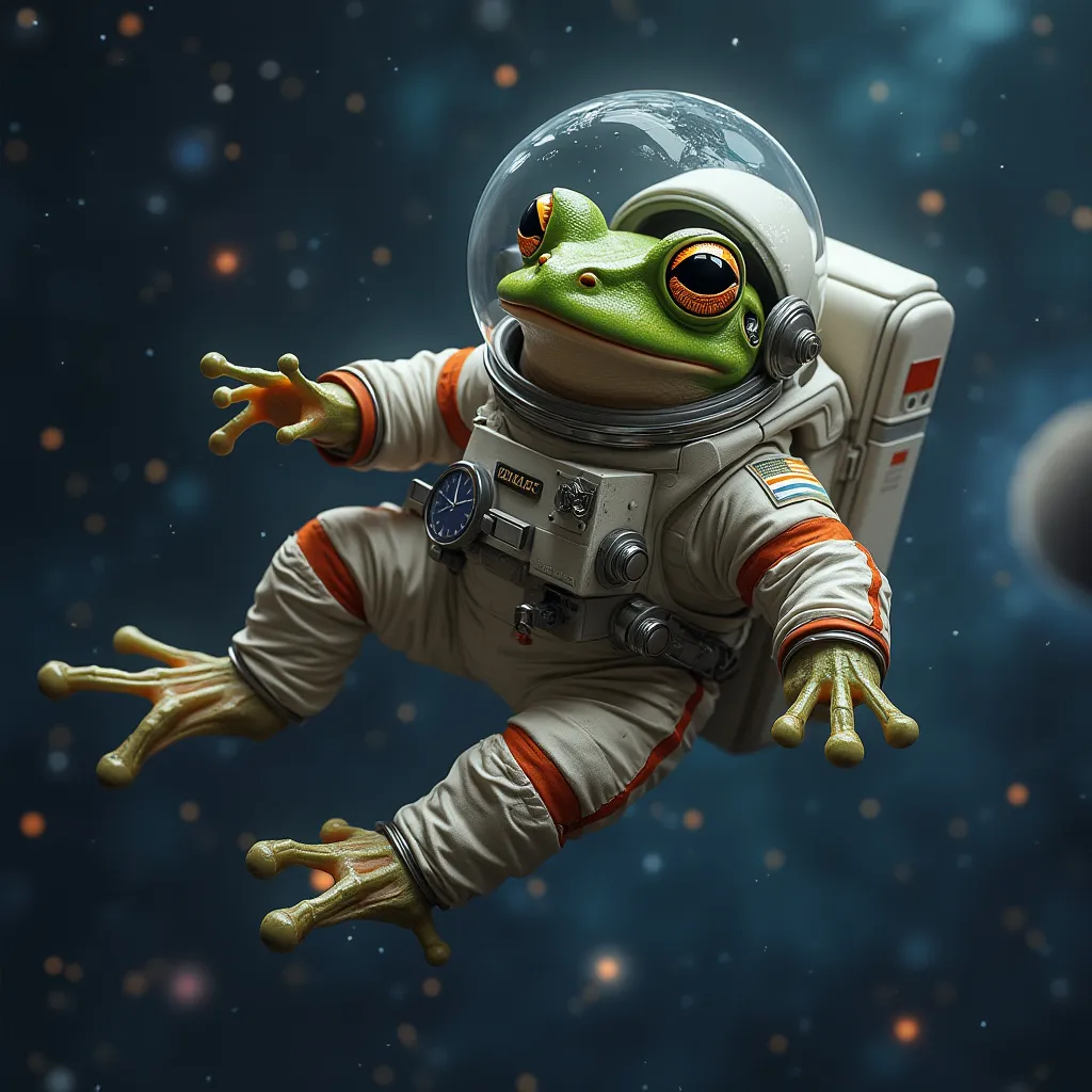 !flux A frog in a spacesuit floating in space.