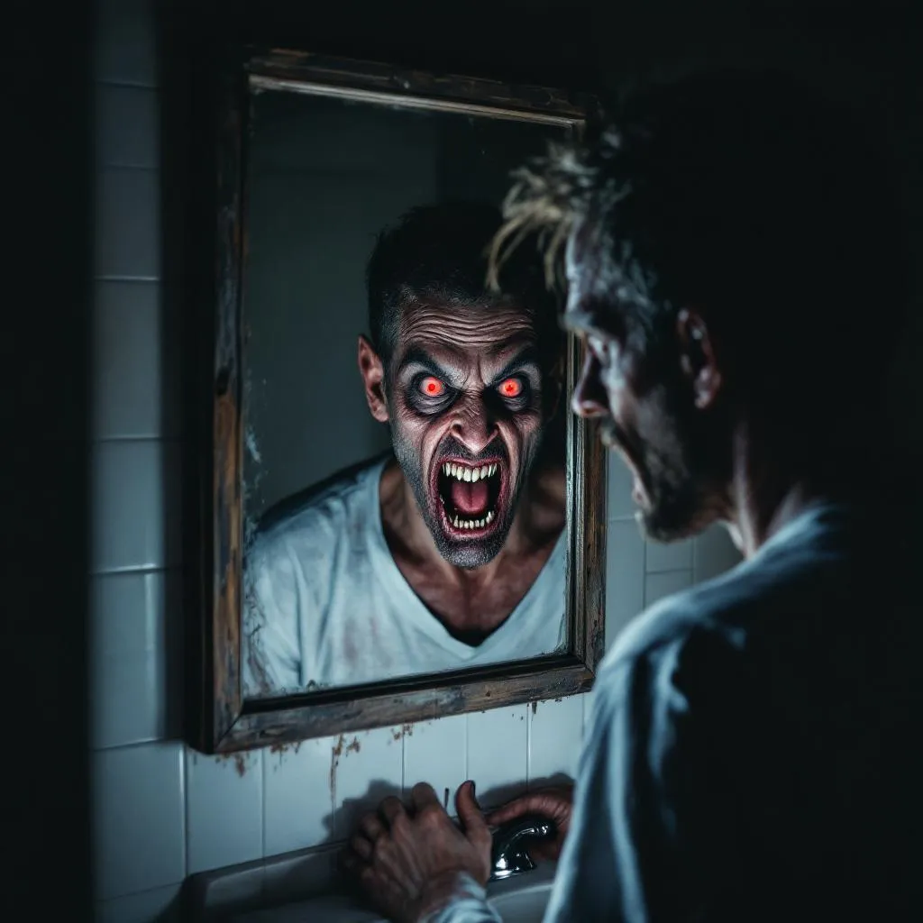 !flux a man who looks in the mirror and sees his reflection as a demon