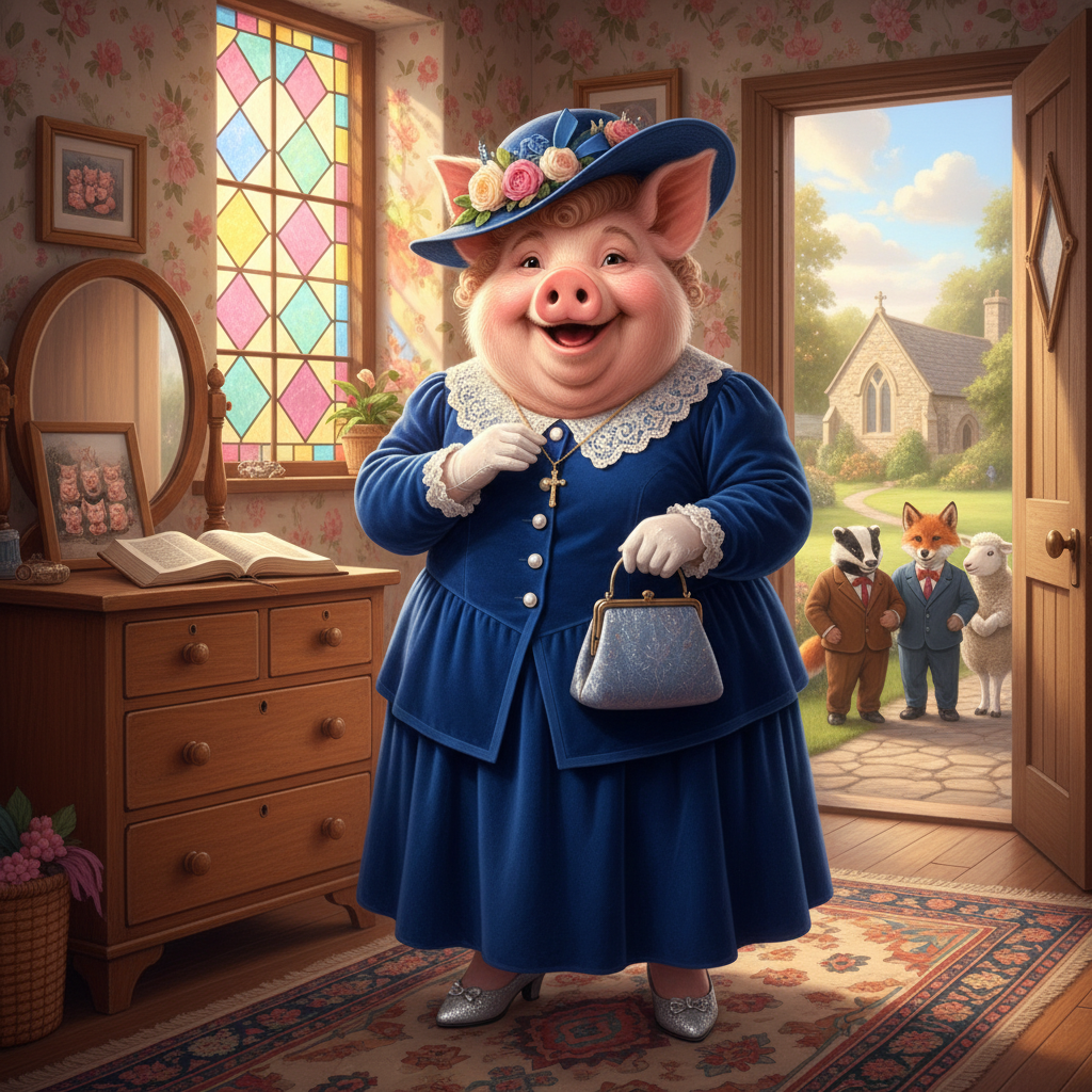 Miss Big Pig is putting on her Sunday best for worship with her local community. !nb