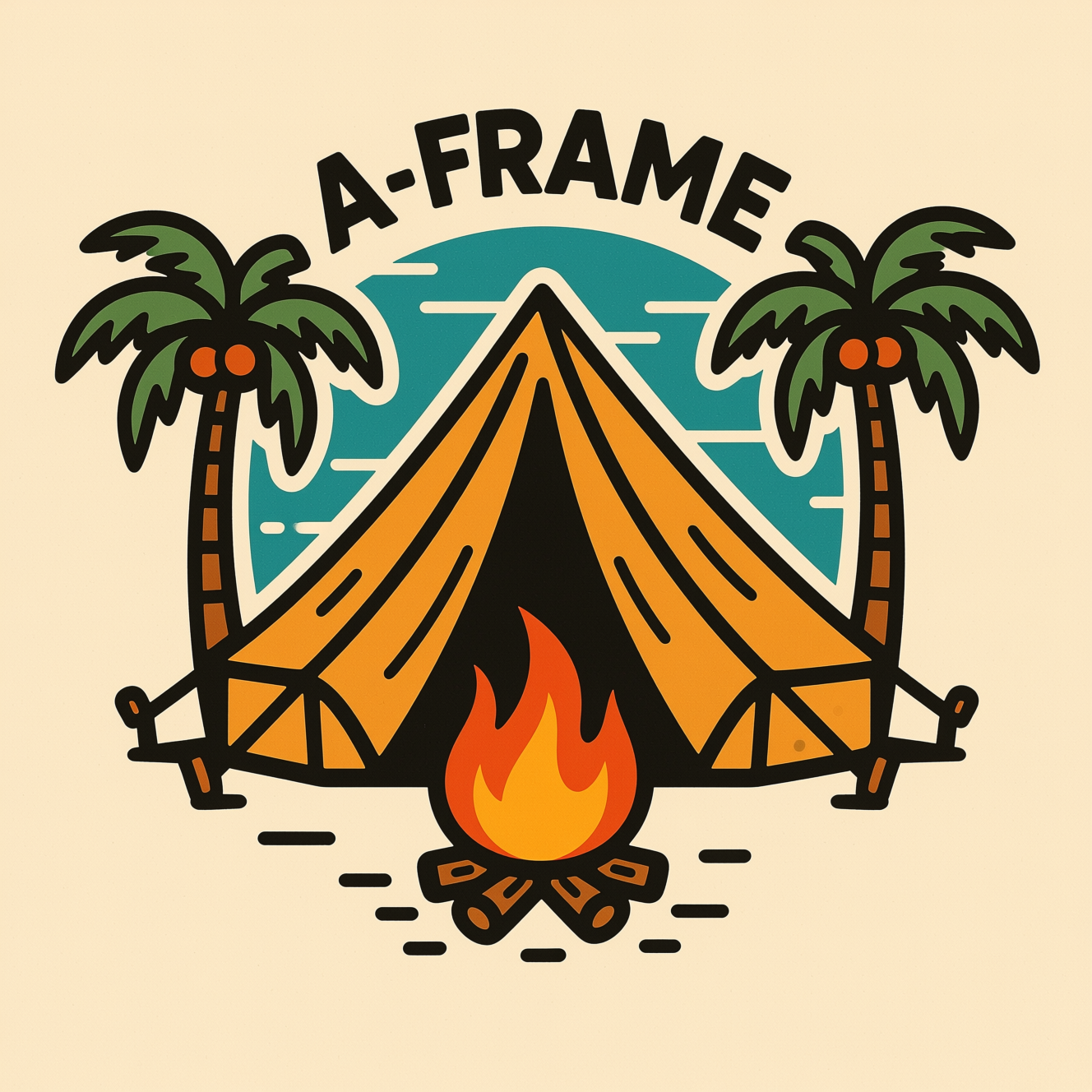 !qwen retro image logo of A frame tent with palm trees on each side and a fire in foreground no text