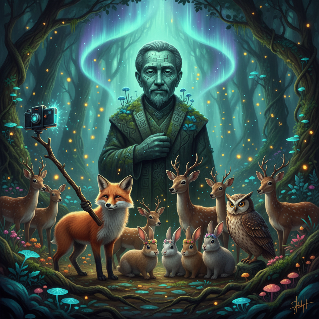 Forest Cryptids
!nb A family of red foxes, deer, rabbits, and owls gathering for a selfie with a mo…