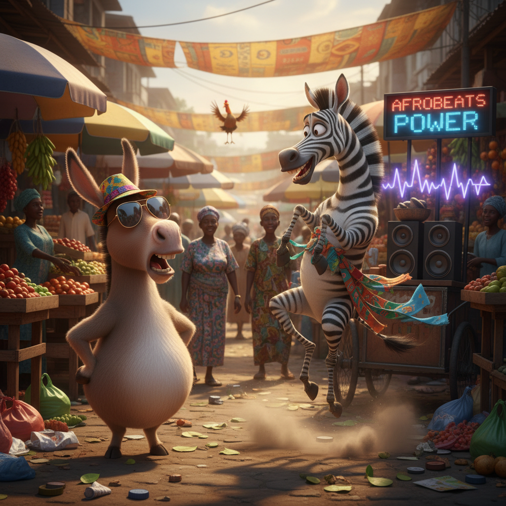 Mr Donkey Meets New Friend – The Crazy Zebra From Lagos”
A funny 3D cartoon donkey wearing oversize…