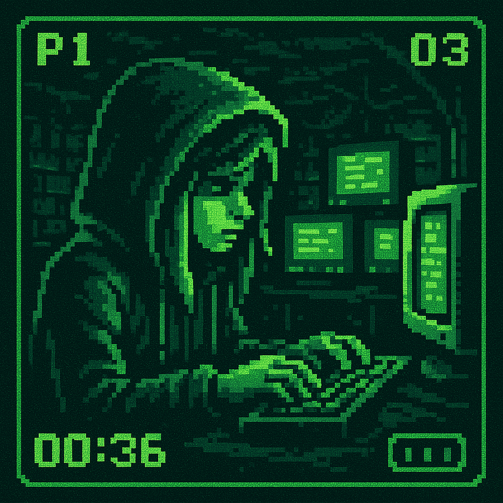 !gpt4o Pixel-art scene of a hacker girl typing on a computer, viewed through a simulated lens, dark…
