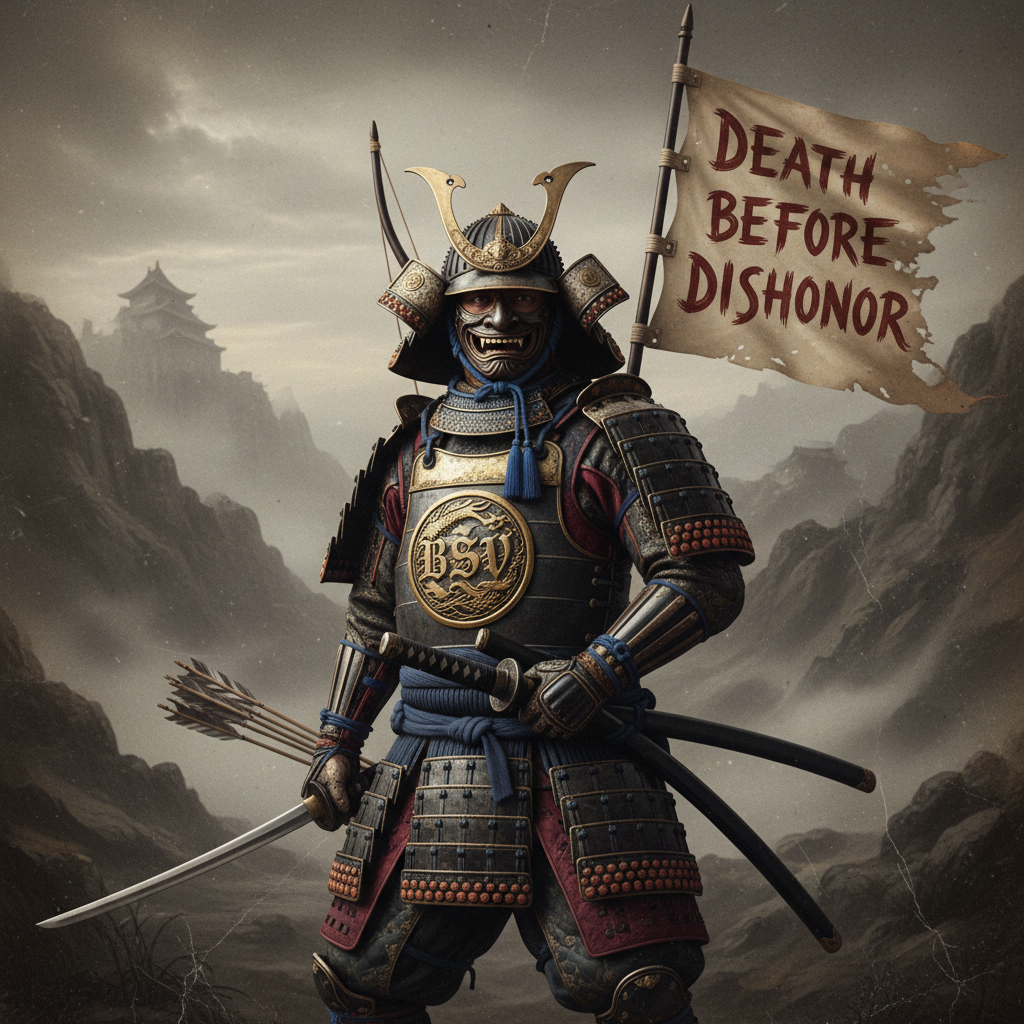 full color Create an image of a Samurai warrior fully prepared for battle. Make the image look vint…