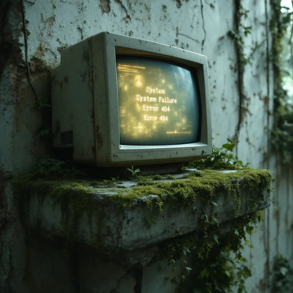 !flux11 On a ledge of the moss-imbued ruined wall sat an old computer monitor, it's dusted screen f…