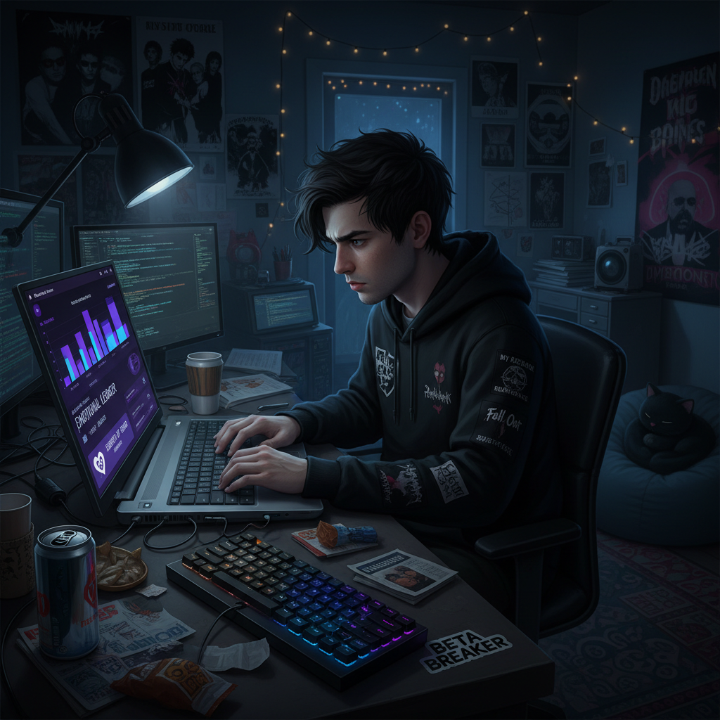 !nb A Beta Tester busy at his laptop testing the latest finance/emo app.!nb