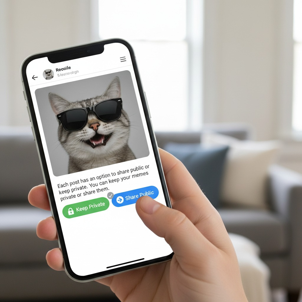Each post has an option to share public or keep private.  You can keep your memes private or share …