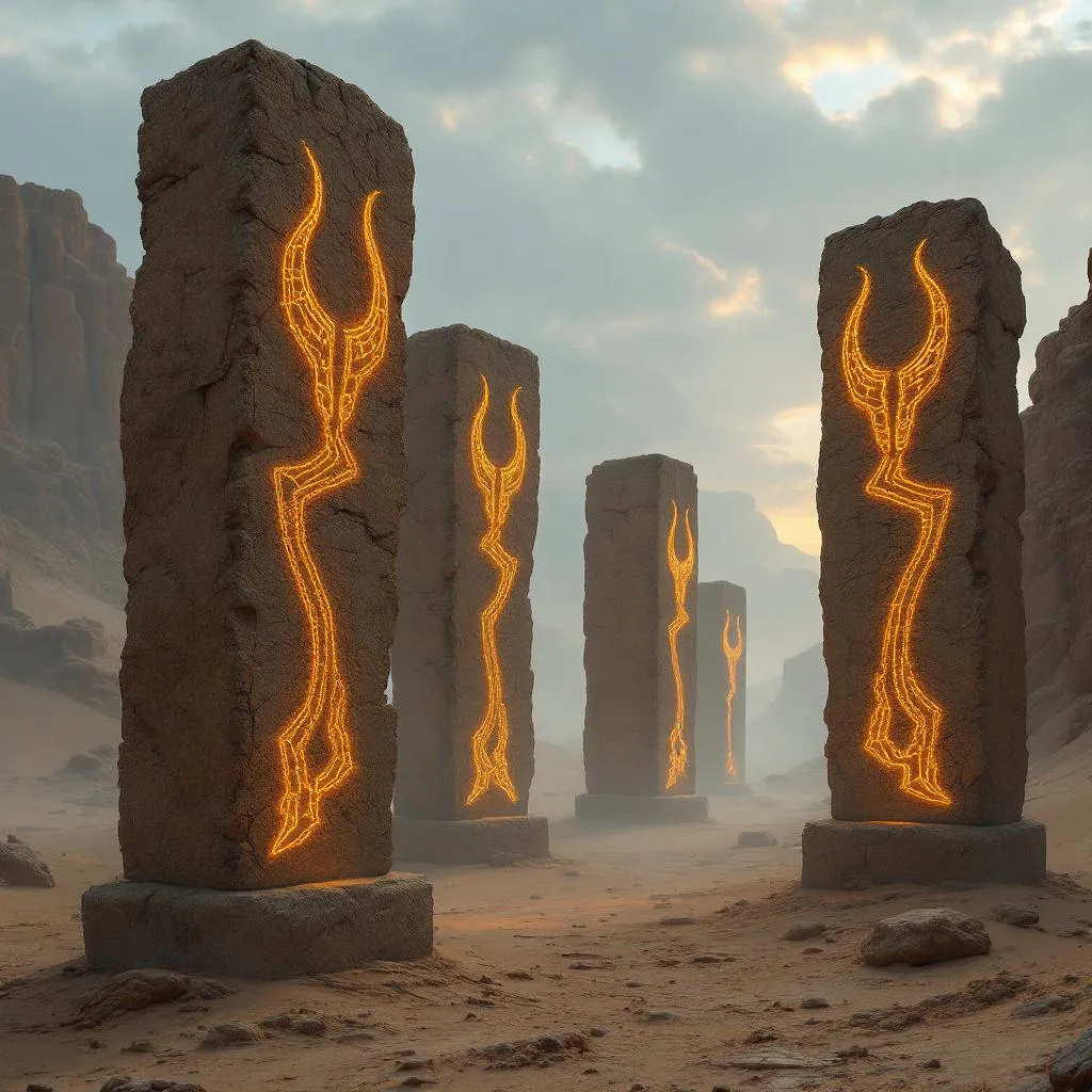 Ancient stone pillars rising from the desert, etched with abstract horn symbols glowing faintly, ti…
