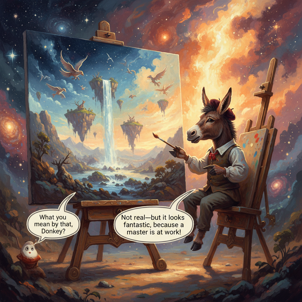 !nb Not real—but it looks fantastic, because a master is at work! What do you mean by that, Donkey?