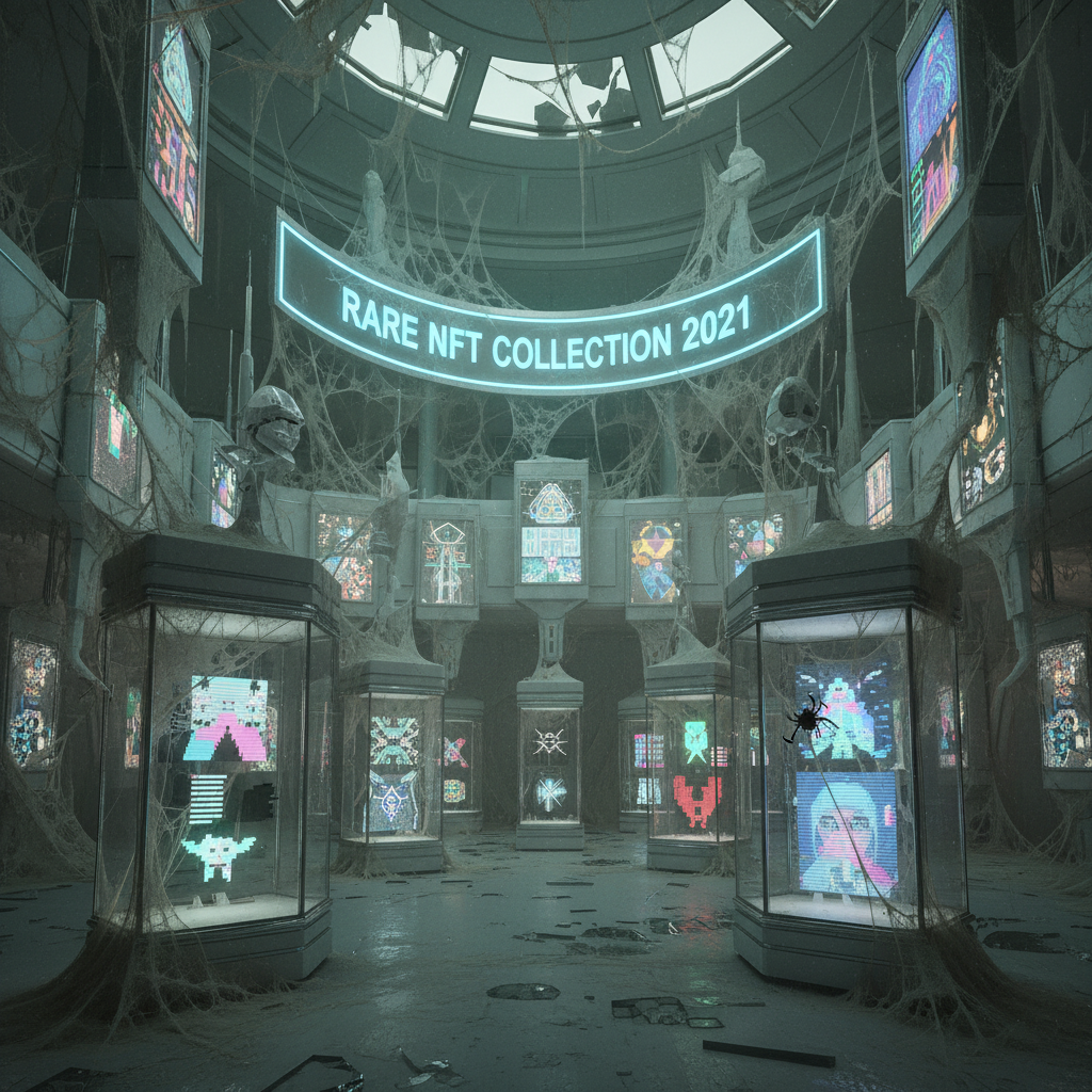 !nb A futuristic museum displaying “Rare NFT Collection 2021” covered in spider webs and dust by 20…
