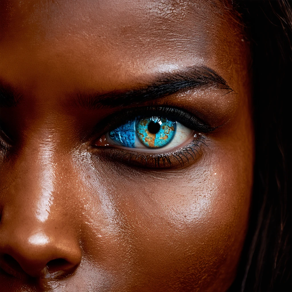 9. Eyes of the Continent
Close-up African eyes reflecting maps, stars, and ancient symbols, deep em…