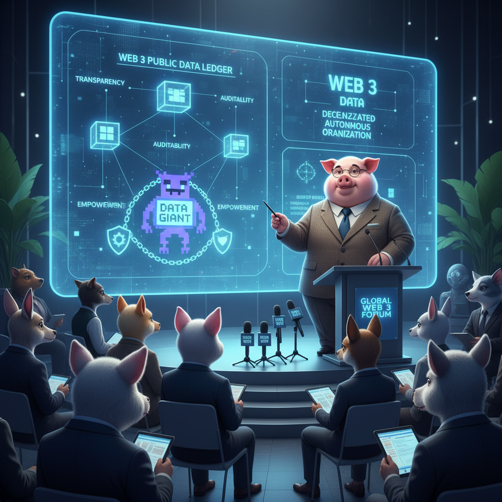 Miss Big Pig is giving a conference on Web 3 public data ledger and how it helps to keep the data g…