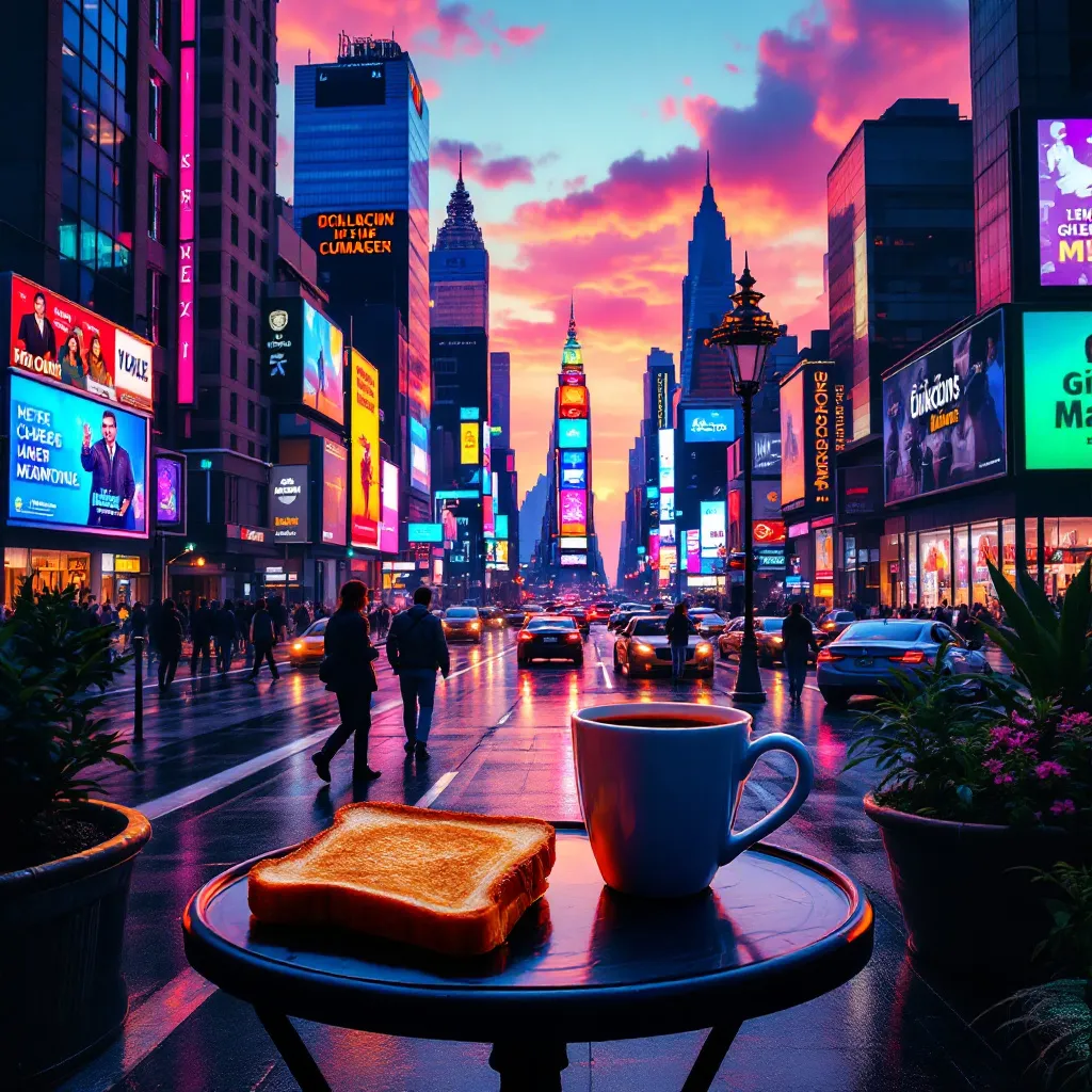 !flux11 good morning with a nice fresh coffee and some toast. sun rising over a busy neon city