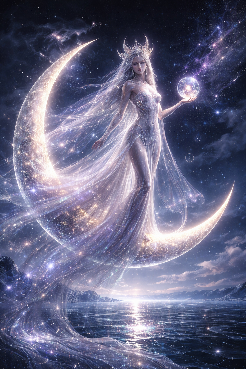 🌙✨ 1/1 NFT LIVE
LUNAR EMPRESS: VEIL OF ETERNITY
She stands above the silver ocean.
Crowned by cresc…