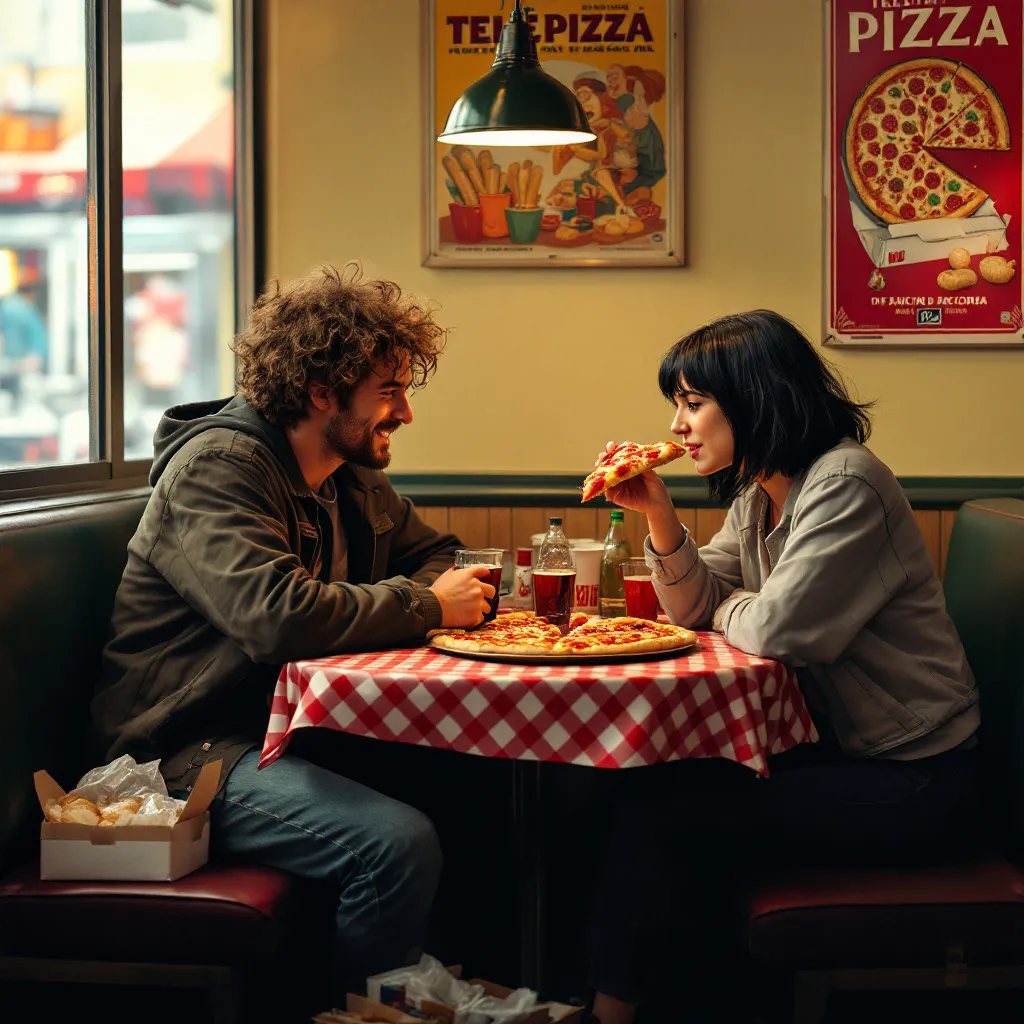 !flux Imagine [@metamitya  and [@pxl272  casually sitting together at a table in a [TelePizza] rest…