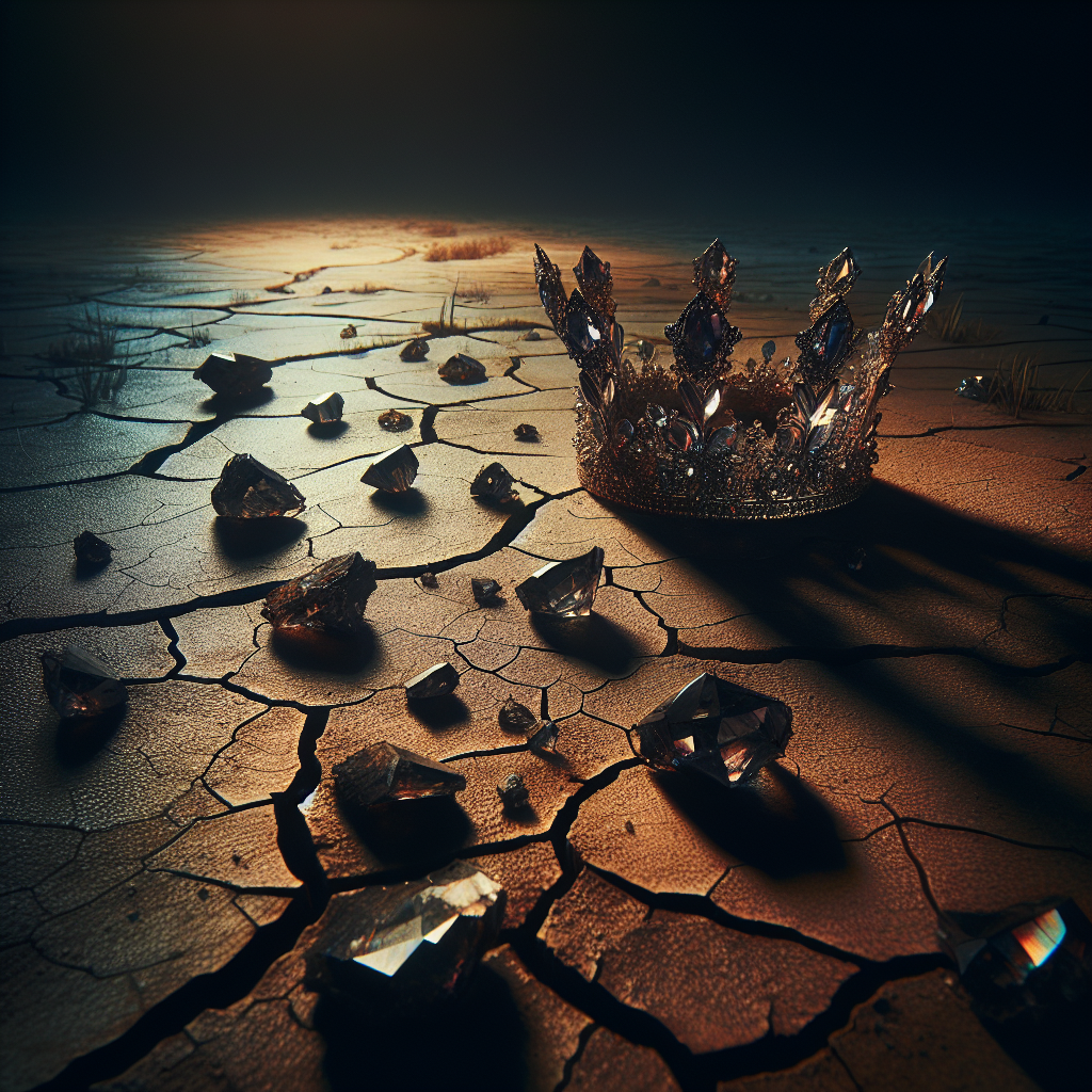Empty Crown:
Broken mineral crown on cracked soil, cinematic lighting, dark moody background, symbo…