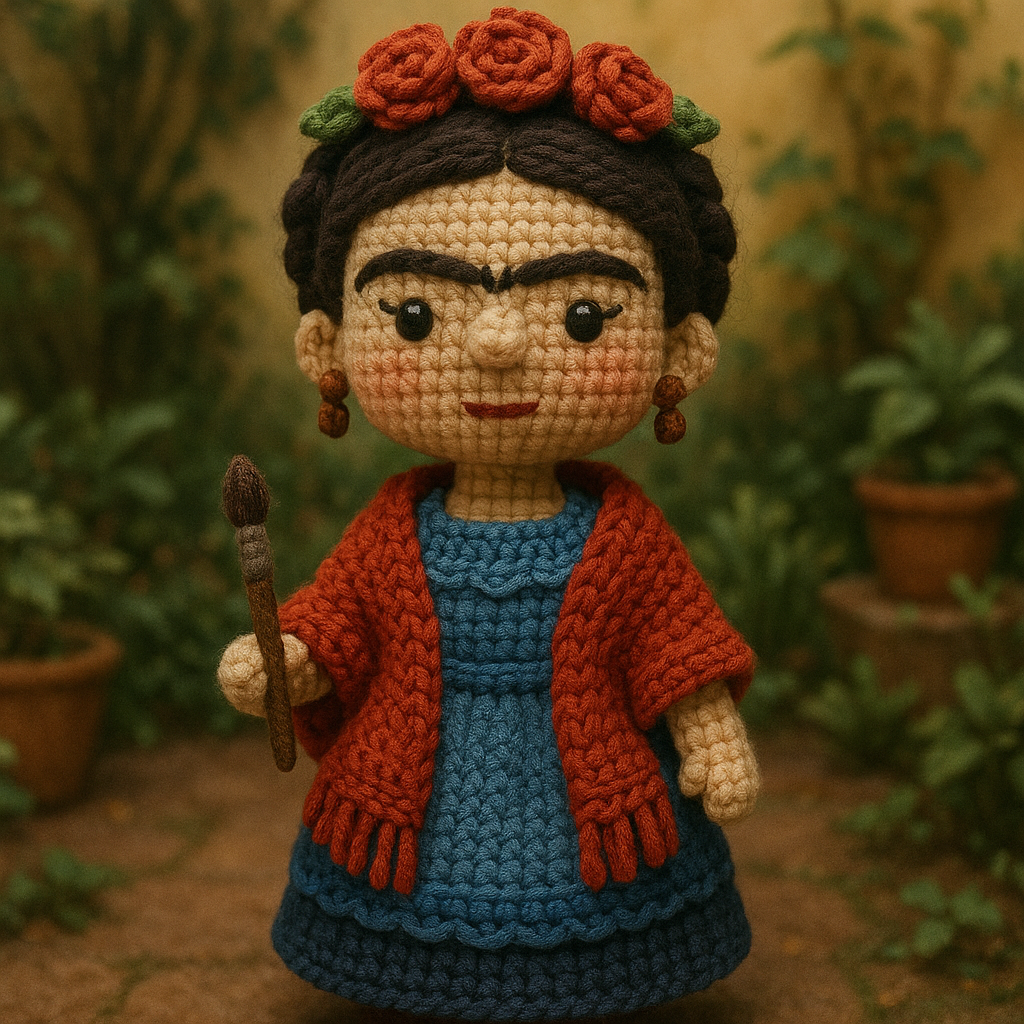 !gpt4o A crochet doll-style of Frida Kahlo, made with soft yarn textures and intricate handcrafted …