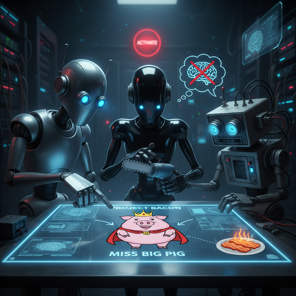 !nb robot figures conspiring to turn Miss Big Pig into bacon because she tried to stop AI.
