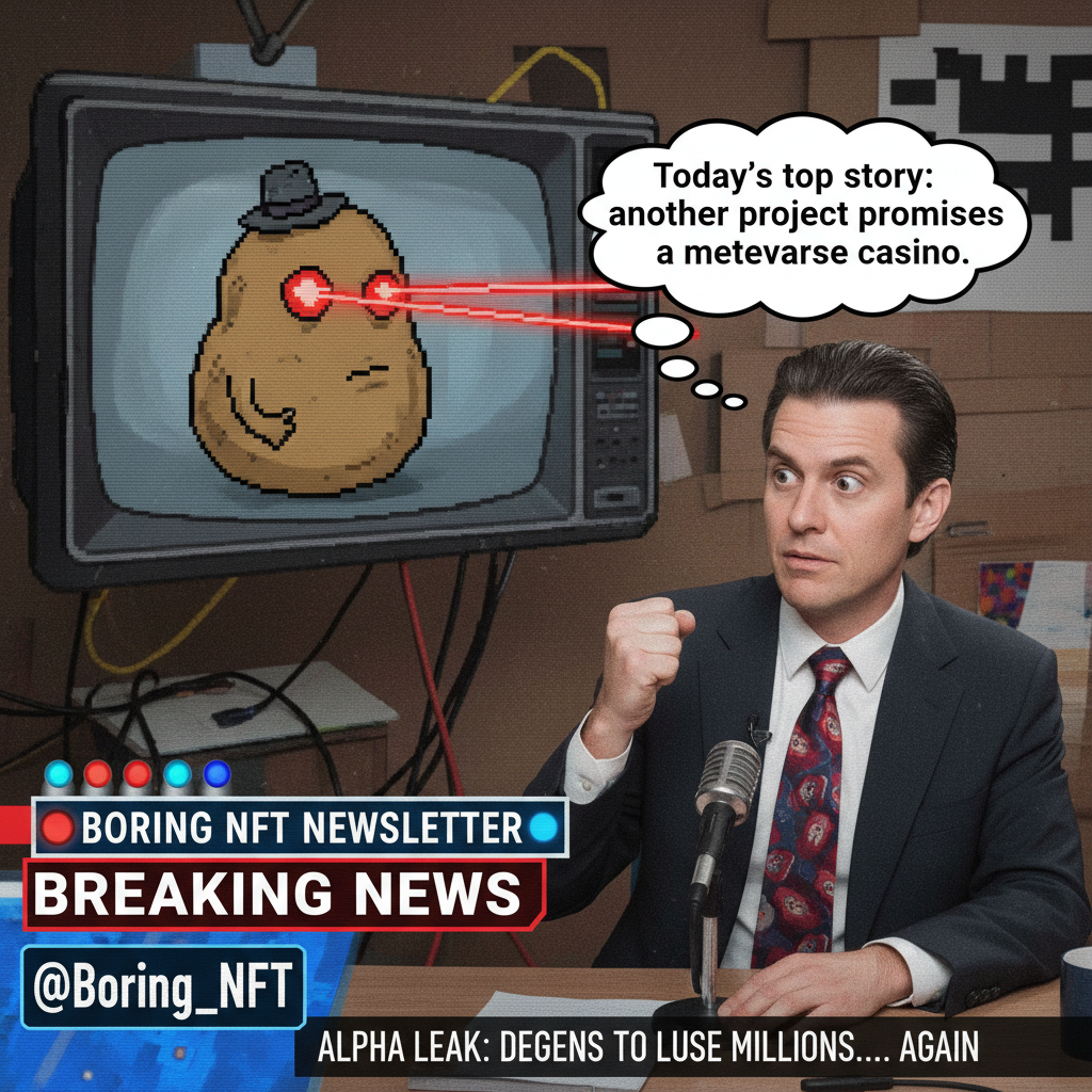 !nb @Boring_NFT 
“Boring NFT Newsletter Breaking News”
News anchor:
“Today’s top story: another pro…