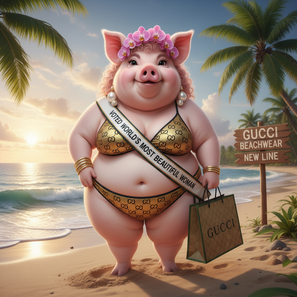 Voted worlds most beautiful woman, Miss Big Pig shows off the new line of Gucci Bikini. !nb