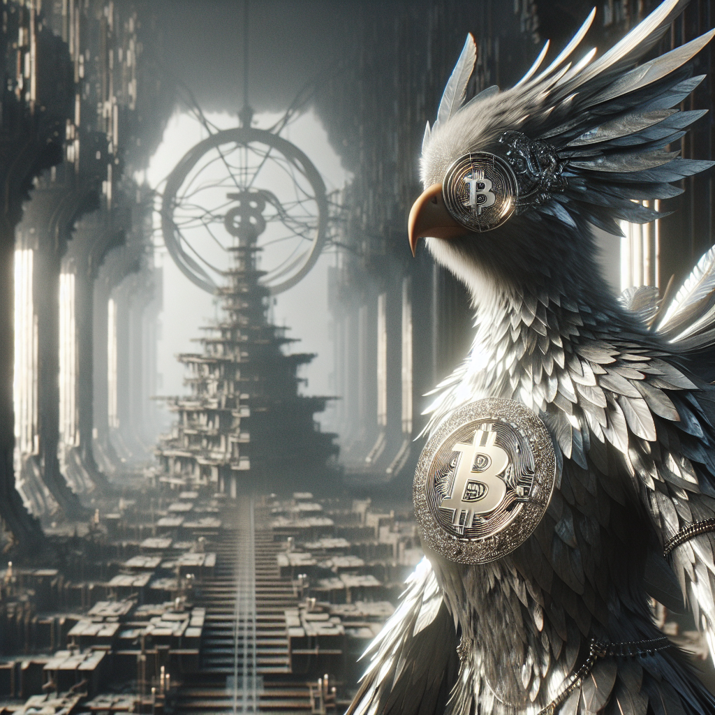 !dalle Tall and elegant, with metallic plumage and a Bitcoin eye patch, walking through a misty dec…