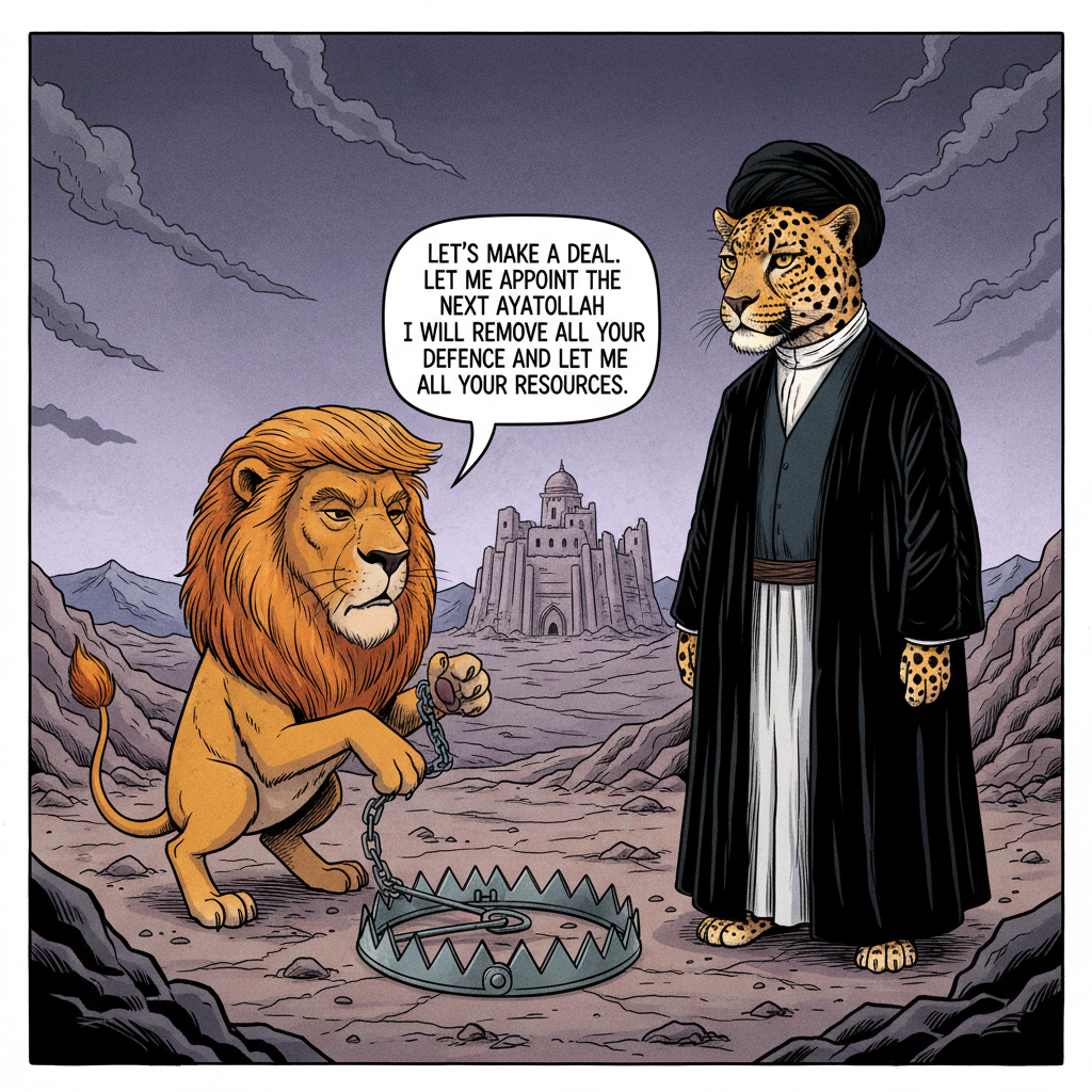 !nb a cartoon lion with trump hair caught in a bear trap looking at a leopard dressed as an ayatoll…
