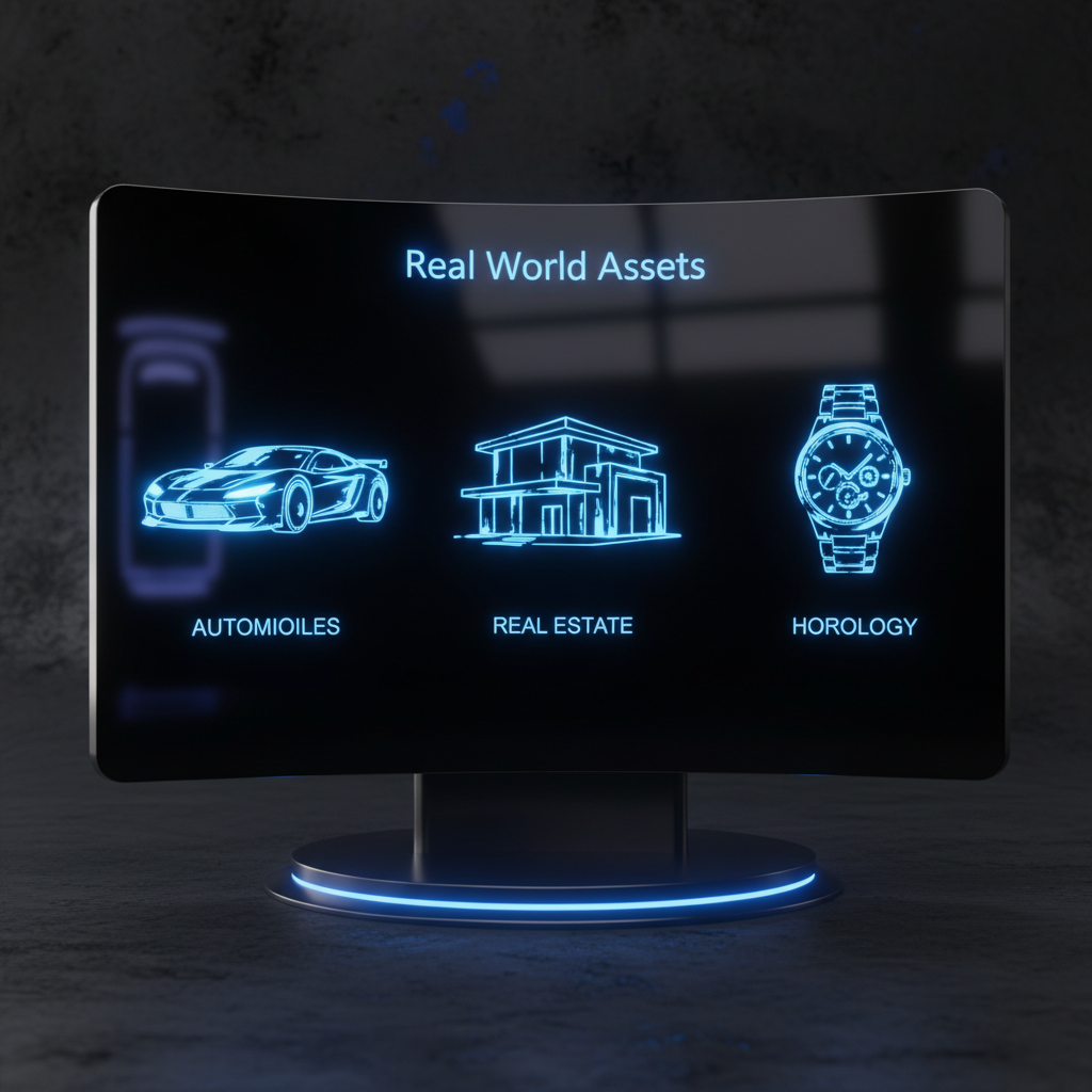 !nb A black, super futuristic futuristic icon display for Real World Assets. Hyper-realistic, super…