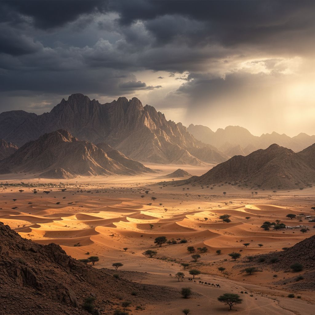 Wide cinematic shot of mountains and deserts of the Horn of Africa under stormy skies, light breaki…
