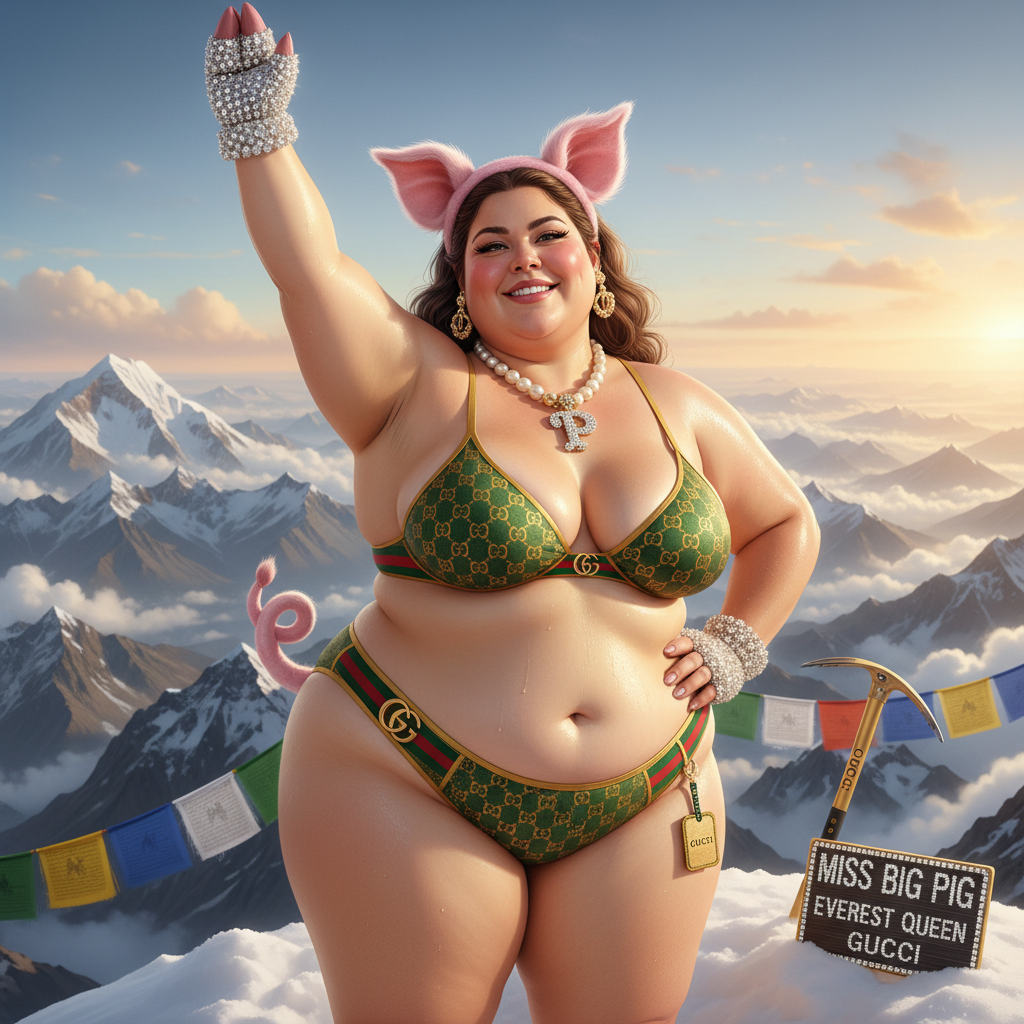 Sex goddess Miss big pig poses in her Gucci  Bikini after climbing to the top of mount everest !nb