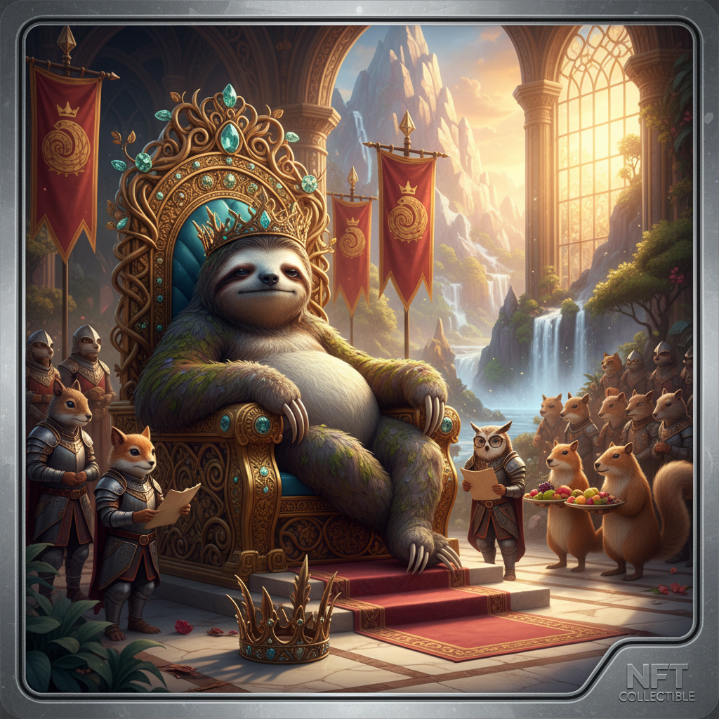 The Lazy Emperor
!nb A giant sloth emperor lounging on an extravagant golden throne while a discard…