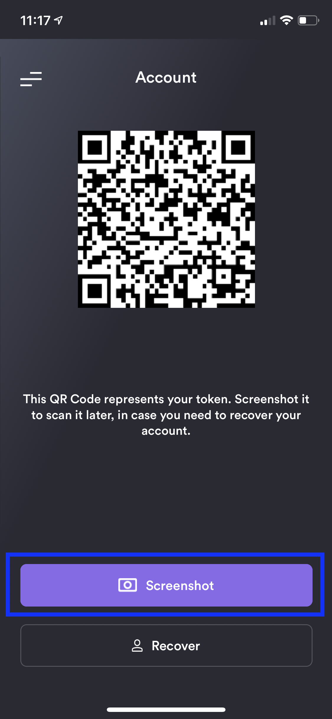 Once on Account recovery page, make sure to use the "Screenshot" button to save your QR code (a vis…