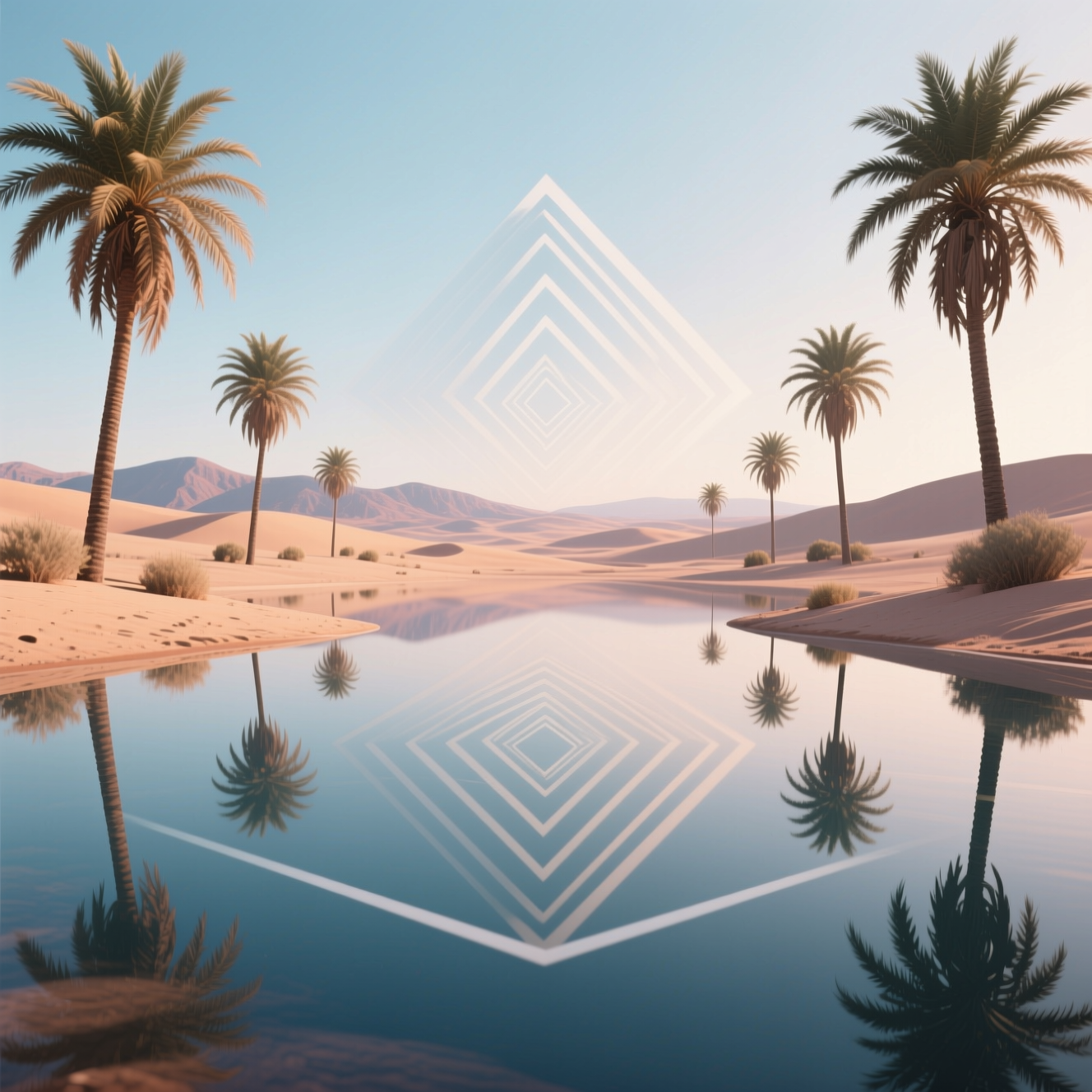 Desert oasis where water reflects geometric ledger patterns instead of palm trees, surreal calm atm…