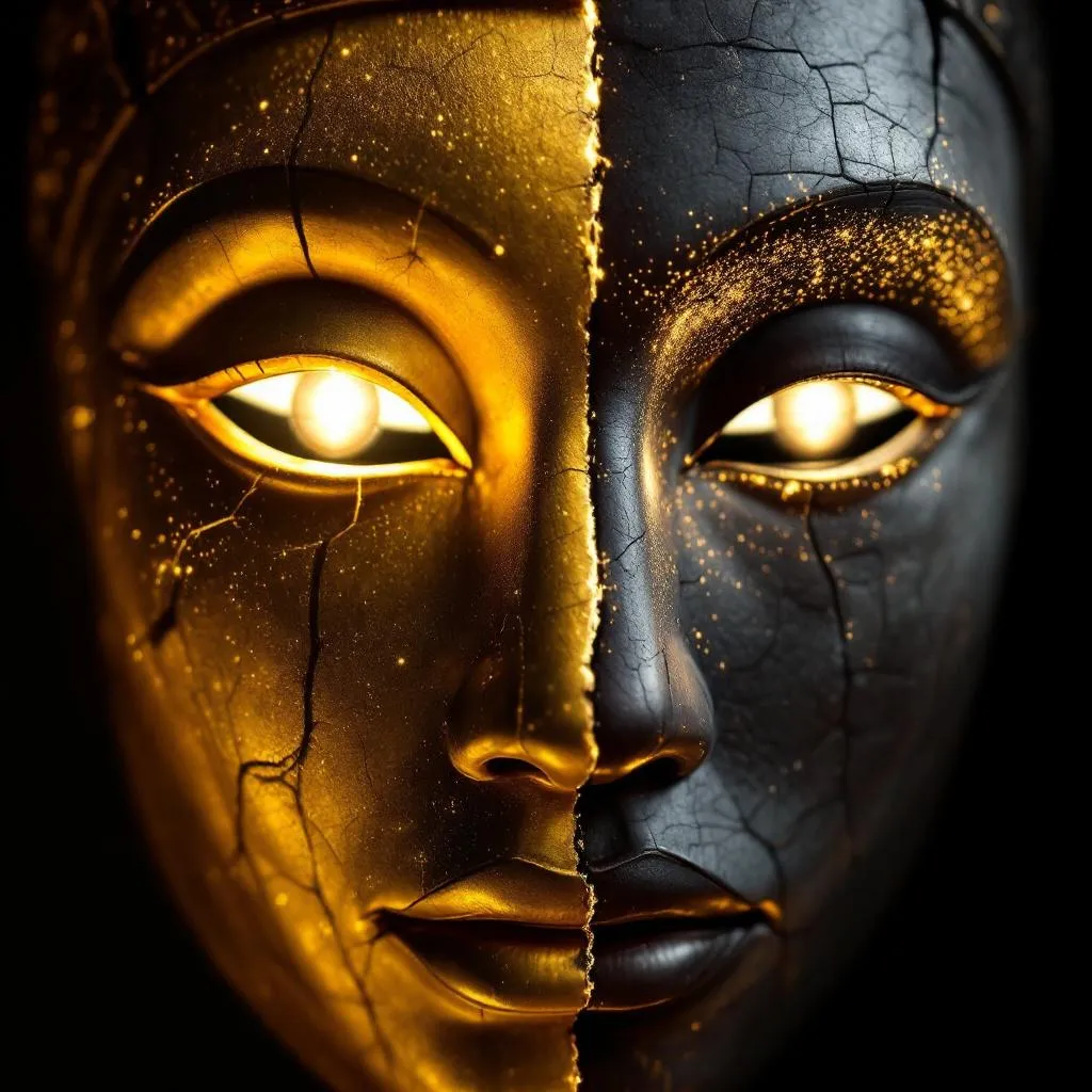 5. The Mask Remembers
Ancient African mask half-stone half-gold, eyes softly glowing, cracks reveal…