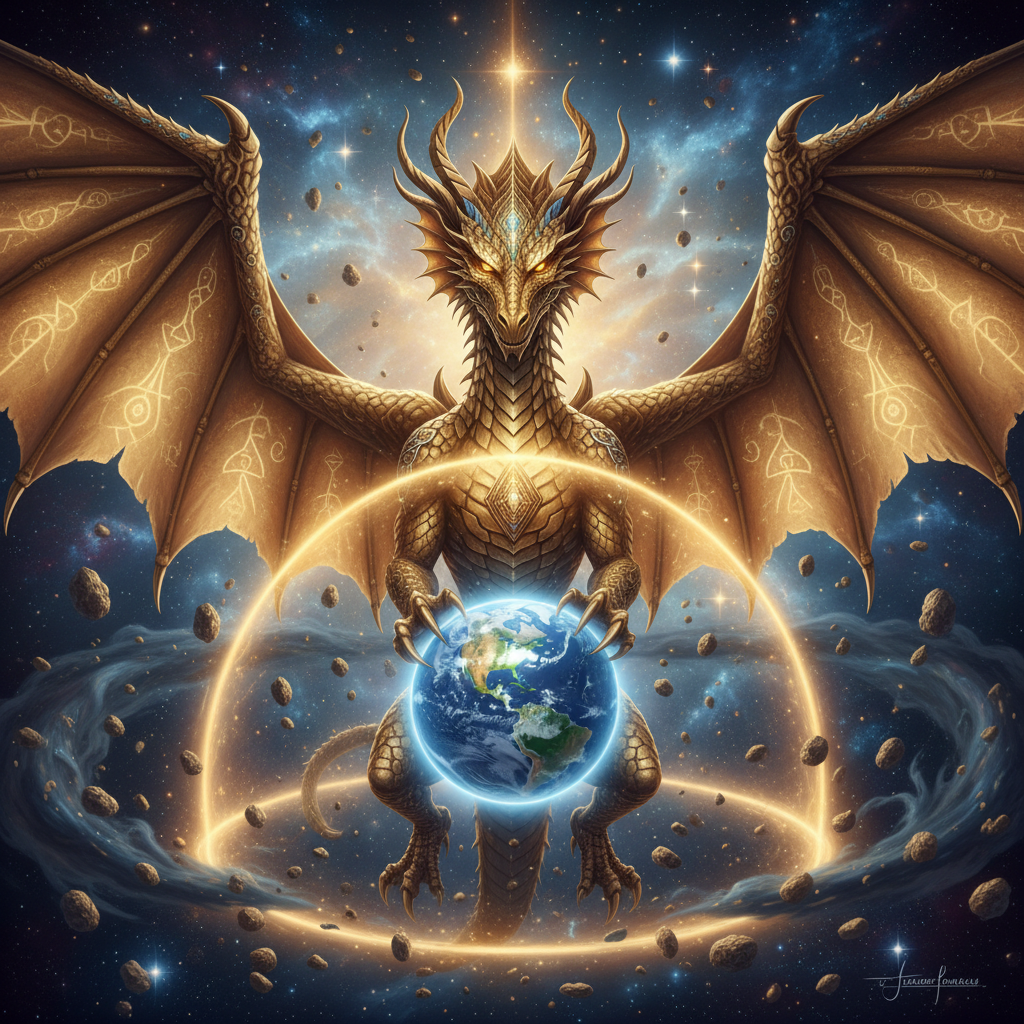 Dragons are earth's sacred protector.
!nb golden sacred dragon protecting earth