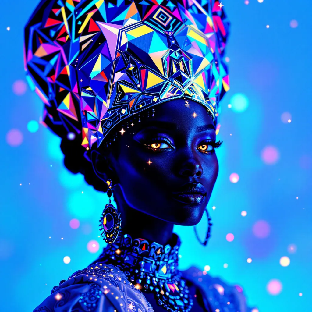!flux11 A regal Black Queen, afrofuturism, wearing a geometric crown fused with tribal patterns in …