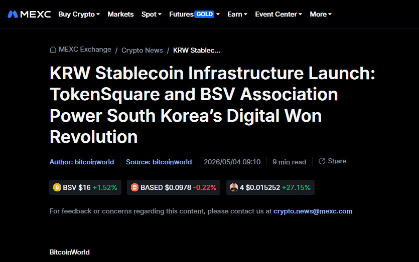 KRW Stablecoin Infrastructure Launch: TokenSquare and BSV Association Power South Korea’s Digital W…