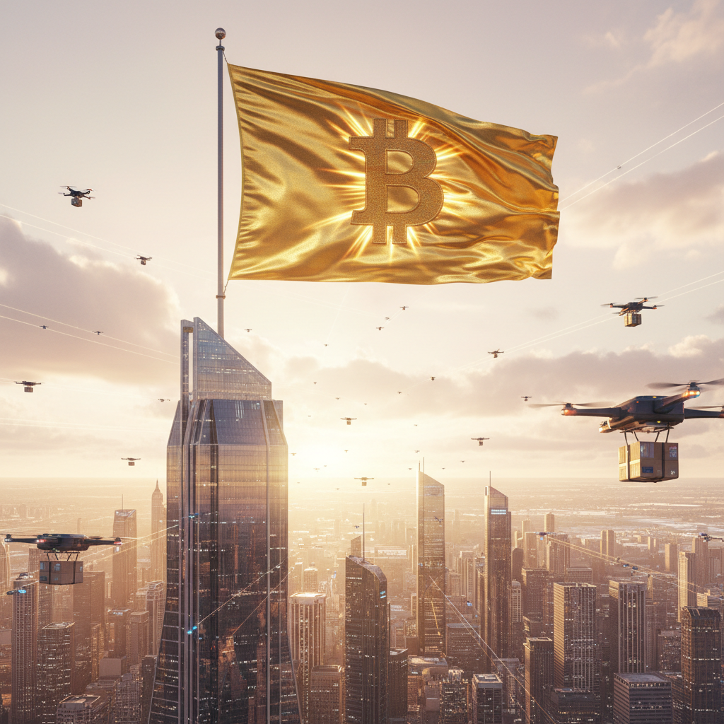 BITCOIN FLAG 
Golden Bitcoin Flag Over the Future
!nb A magnificent Bitcoin flag made of shimmering…