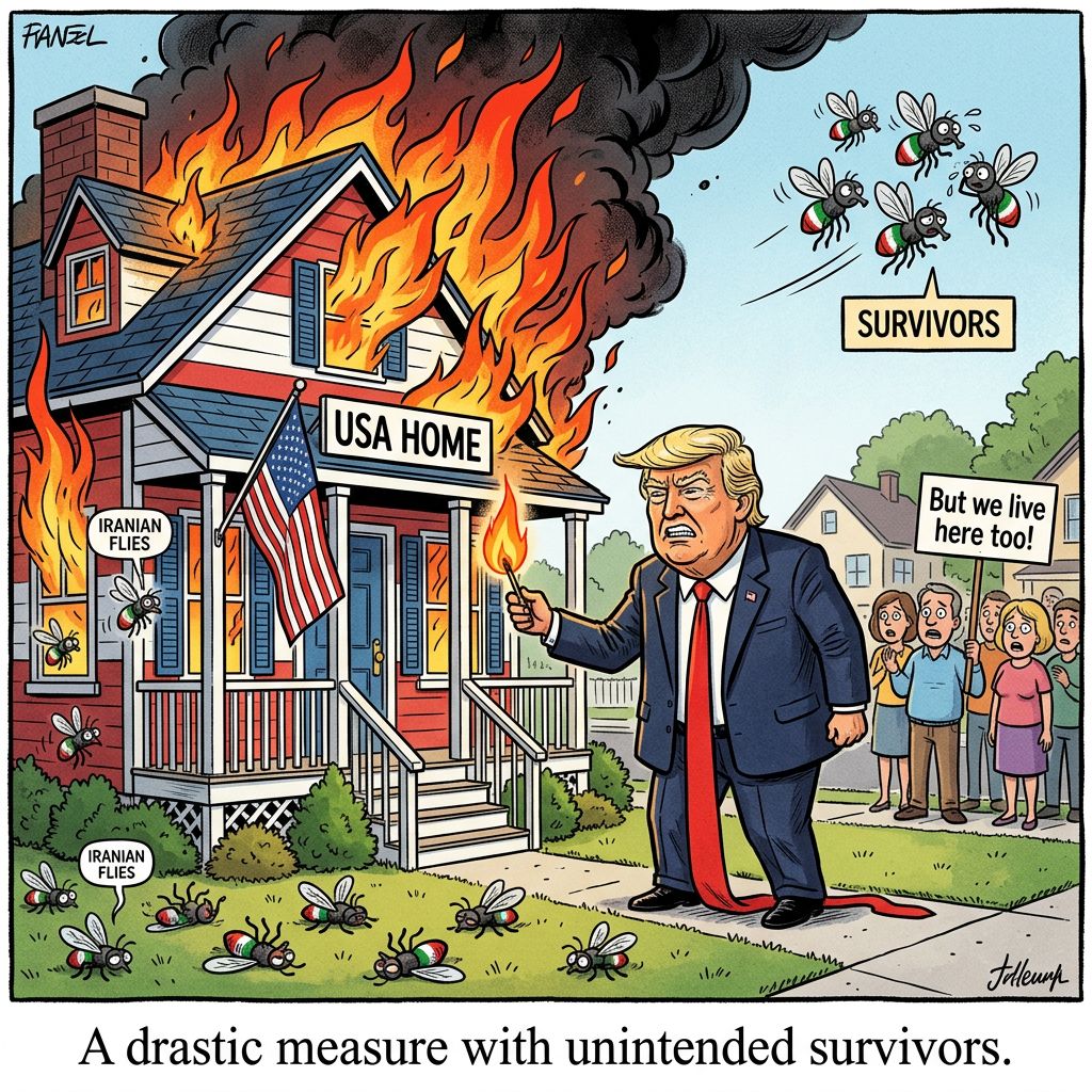 !nb cartoon trump burns down usa home to kill some iranian flies but some survive.