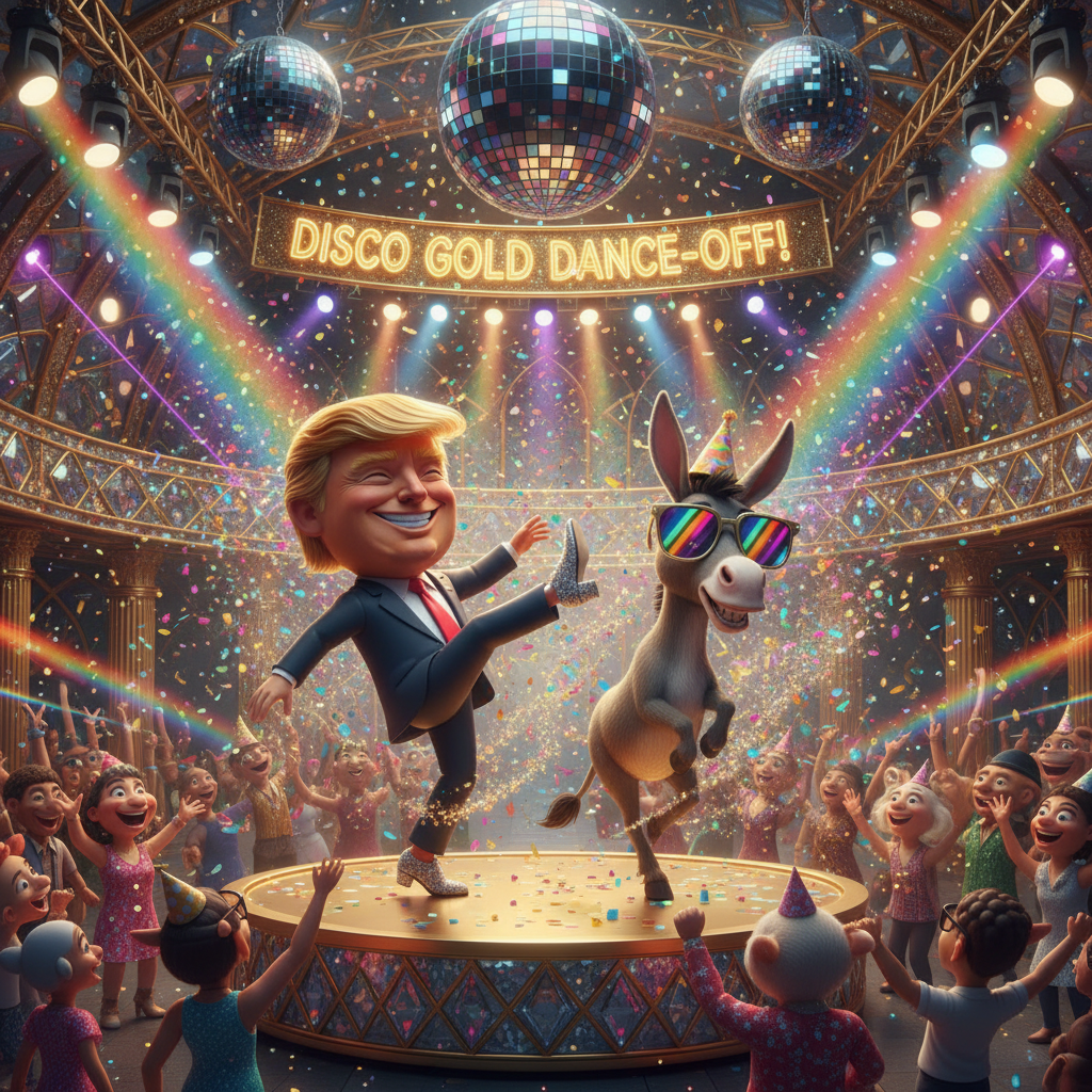 Disco Palace Showdown
!nb A magnificent disco palace made of gold and crystal, Donald Trump wearing…