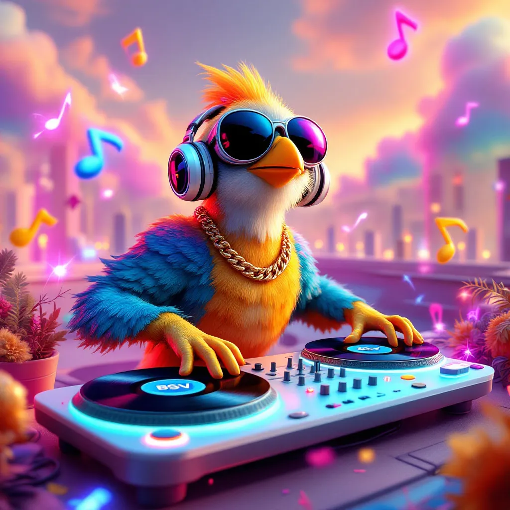 !flux11 A 3D bird DJ spinning glowing vinyls with the BSV logo, wearing headphones and a chain. The…