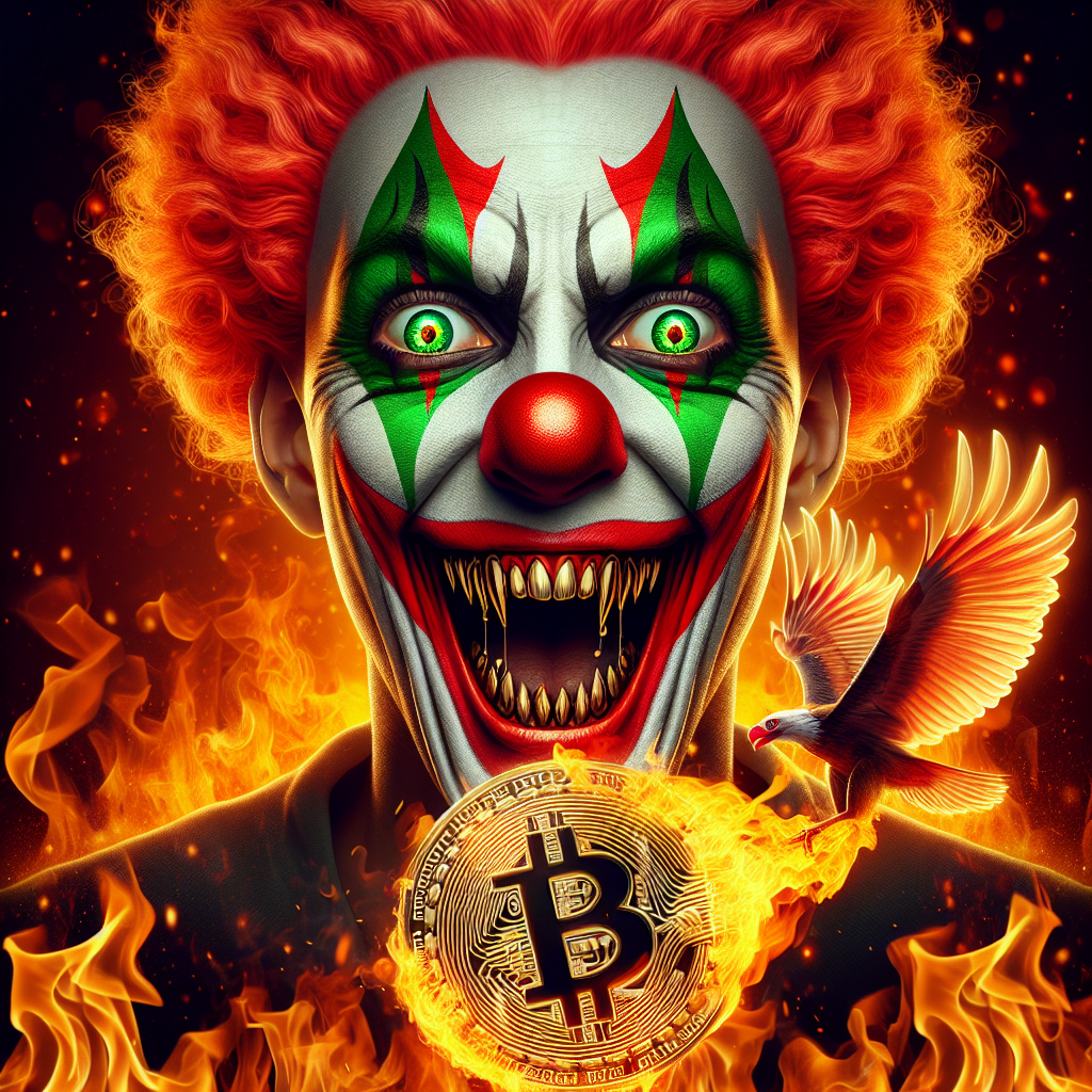 !dalle 希斯莱杰的小丑形象，焚烧的比特币，凤凰涅槃重生