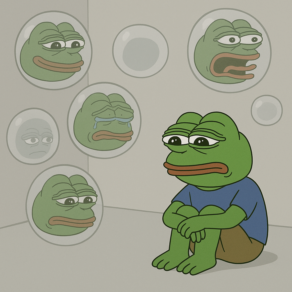 !gpt4o A [Pepe frog] sits alone in a minimalistic room filled with floating, semi-transparent thoug…