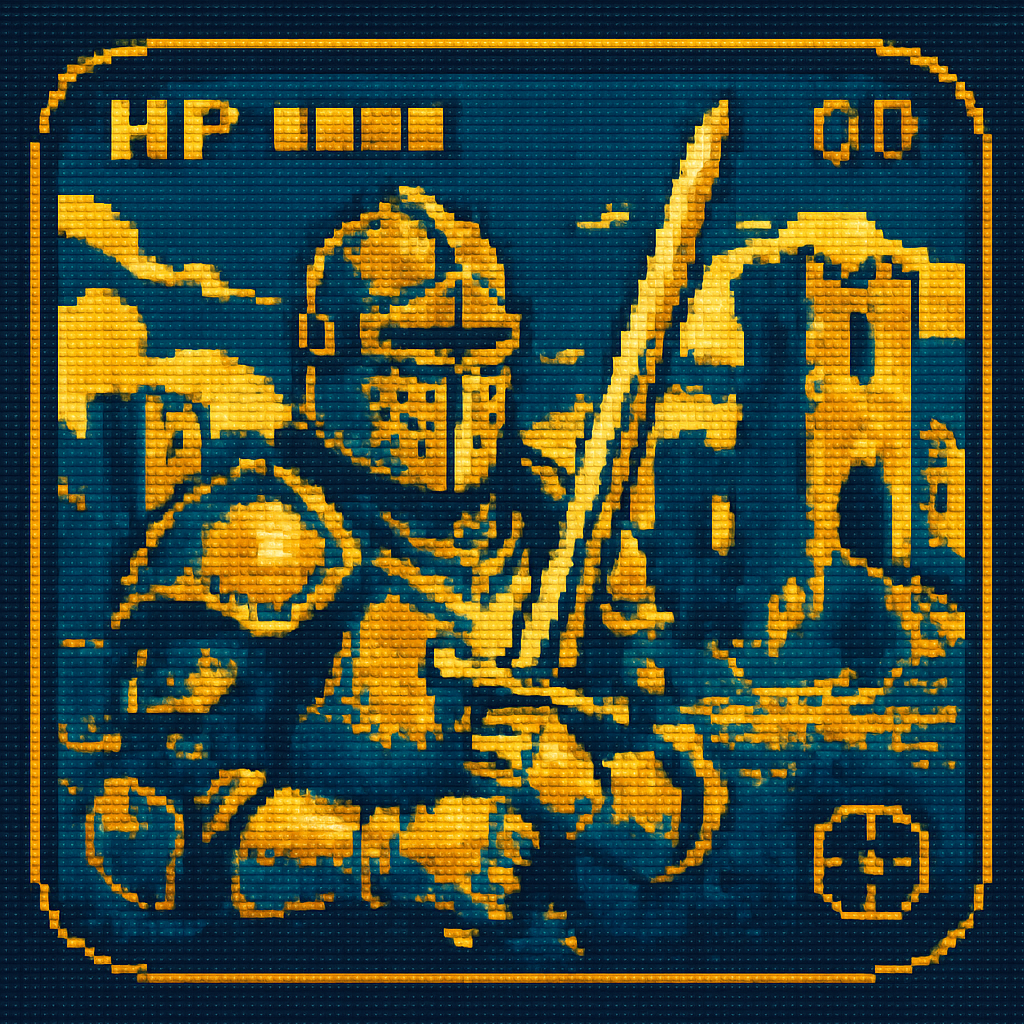 !gpt4o Pixel-art scene of a medieval knight holding a sword, viewed through a simulated lens, ruine…