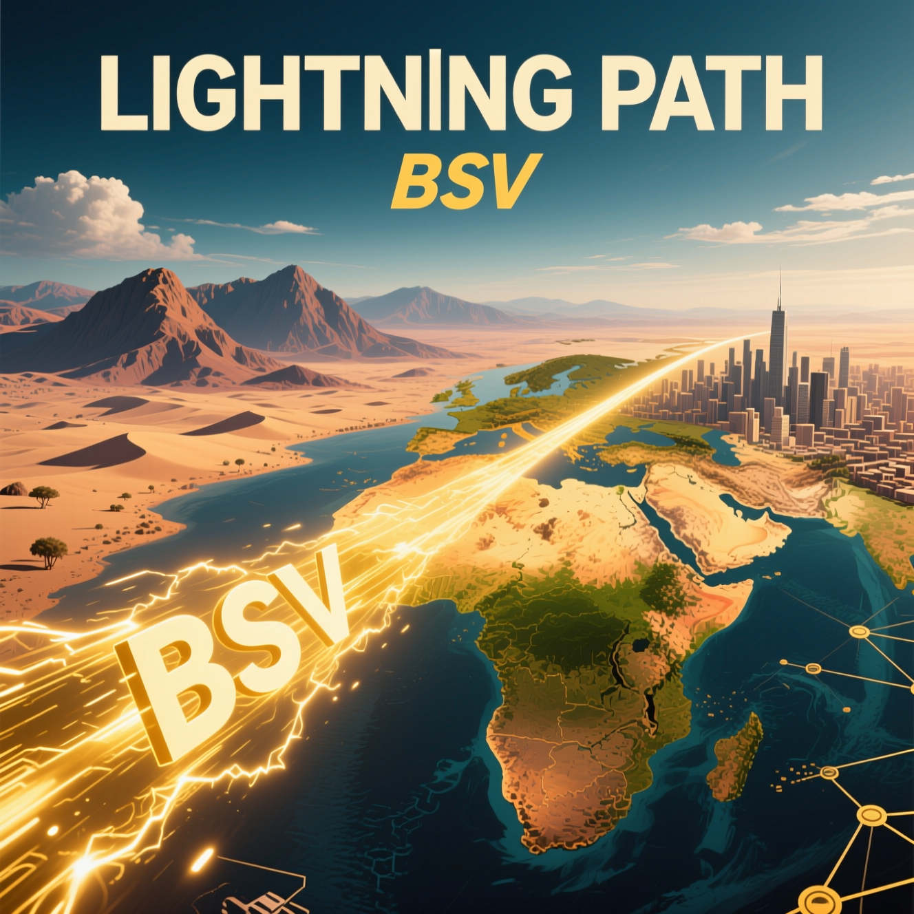 8️⃣ The Lightning Path
Golden BSV energy streak traveling across deserts, mountains, and cities acros…