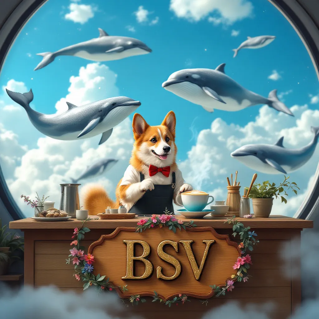 !flux A corgi barista in a floating teahouse among the clouds. The dog wears a bow tie and apron wh…