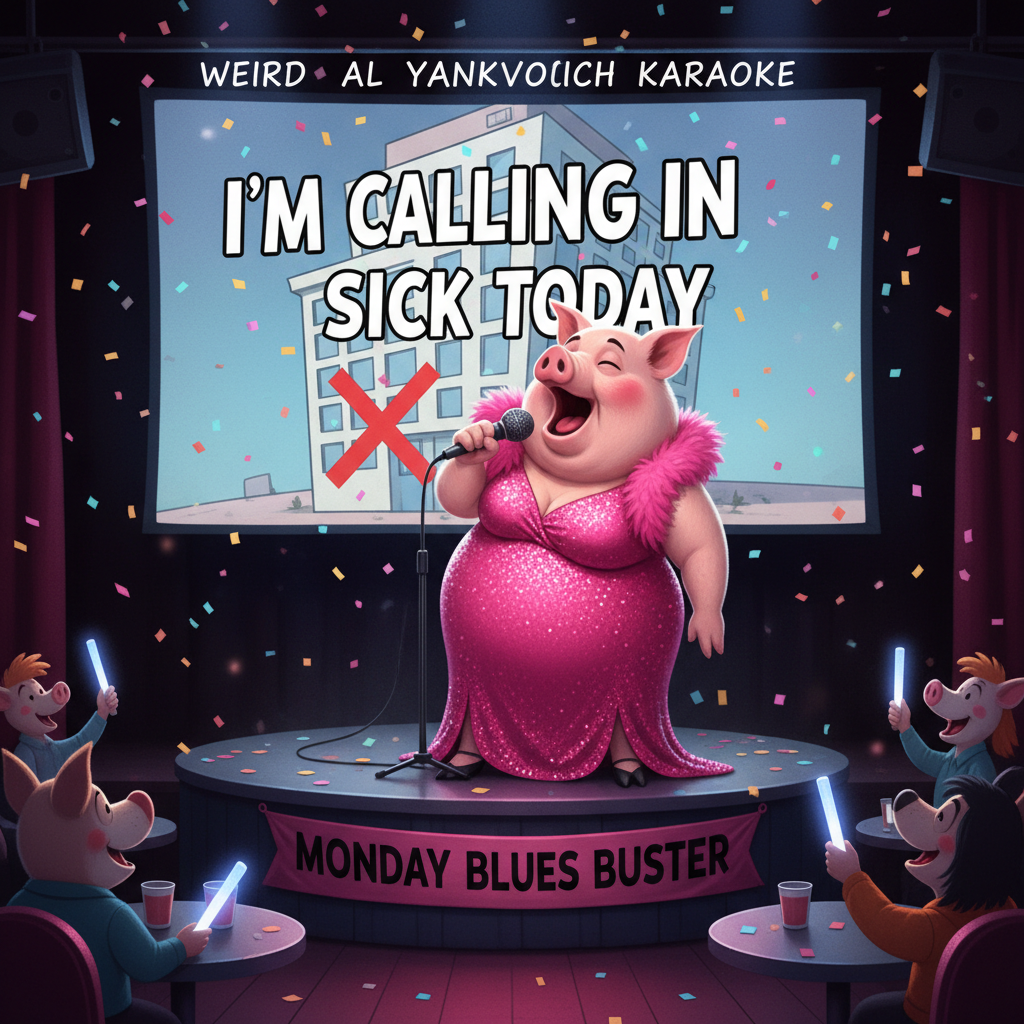 Miss Big Pig loves to sing Wierd Al Yankavitch karaoke.. "I'm calling im sick today" is a good one …